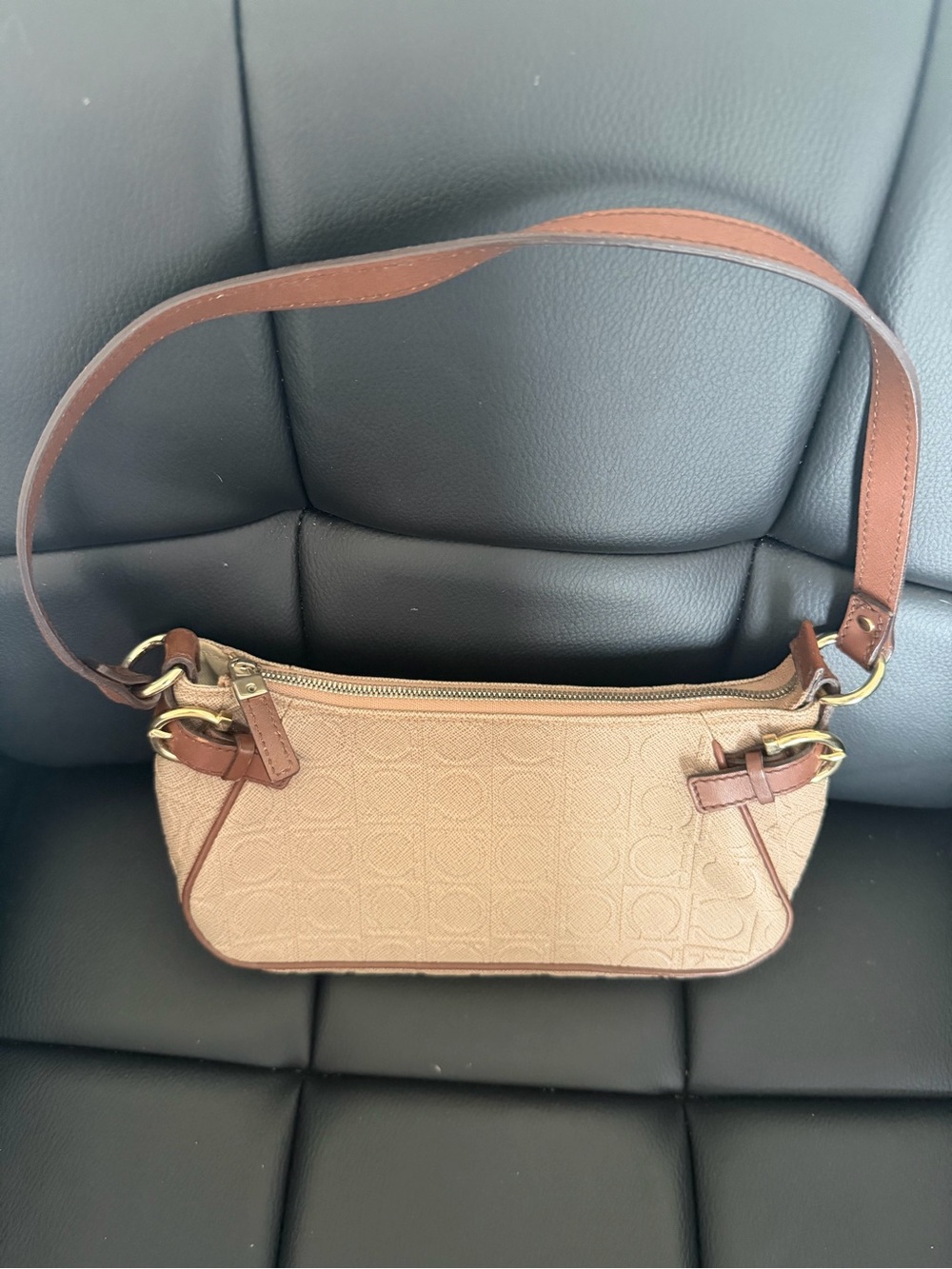 Salvatore Ferragamo Beige/Tan Shoulder Bag with Embossed Gancini